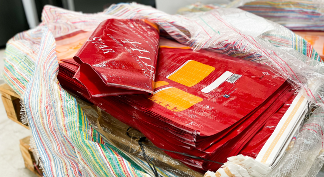 Defected woven polypropylene feed bag production scraps